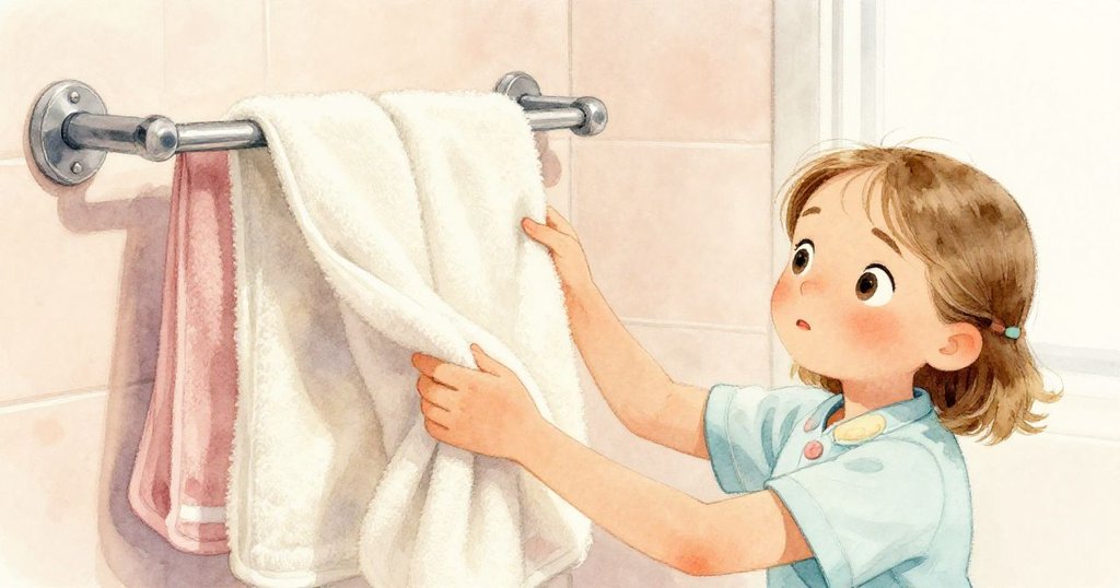Dawn在洗髮區的近景視角中用溫暖手指移開毛巾,擦肩不露的不鏽鋼毛巾架與奶油白與粉紅色交織出解謎氣氛。
