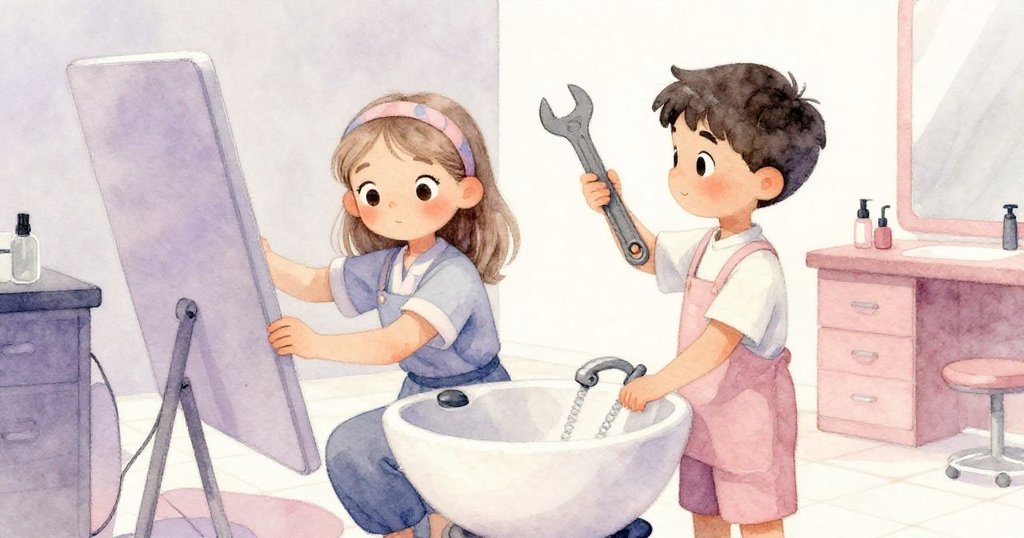 Kane穩健地蹲身扶住洗臉盆邊,Dawn握著扳手施加力量,兩人齊心協力,神情堅定,周圍工具與粉紫、粉玫瑰色交織呈現。