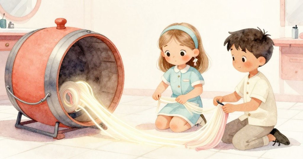 柱板打開後桶子翻滾出來,霓虹髮夾在瓷磚上跑動,Dawn與Kane跪地追逐,神情急切與釋然交織,背景呈現粉桃與奶油白色。