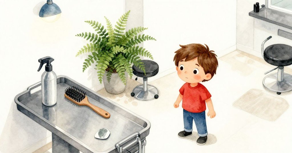 拉斐在現代髮廊中從高空鳥瞰工具盤、噴霧瓶、刷子與鏡片,等待時神情期待,空間現代明亮。