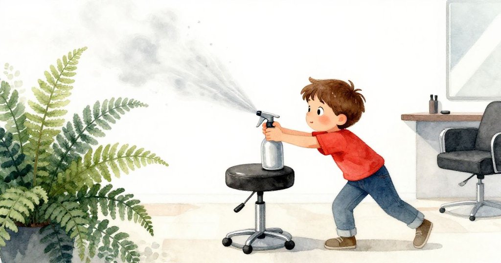 拉斐輕推轉椅,無意中觸動噴霧瓶,銀色霧氣拂過常青蕨,空白背景突顯柔和驚喜瞬間。