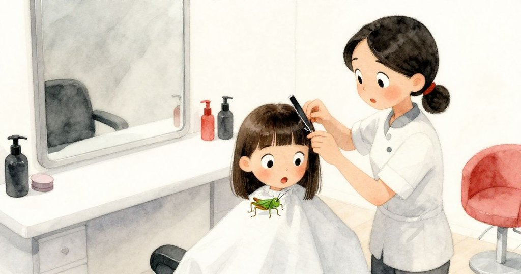 烏瑪在髮廊工作台上修剪髮型,從高角度捕捉她驚訝眼神,見小蟋蟀落於披肩上,情感豐富。