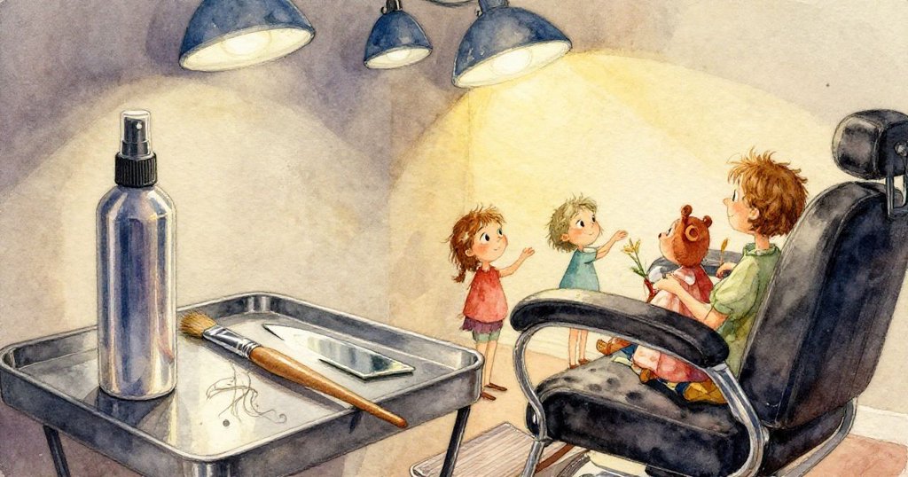 髮廊中電吹風如鐘擺般擺動,引發藍灰雜誌飛散,空間角度扭曲呈超現實幾何,充滿奇幻動感。