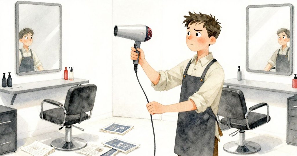 格蘭特手持剪刀迅速拔掉擺動的電吹風,周遭雜誌散落,神情堅定展現果敢行動,迎向解救時刻。