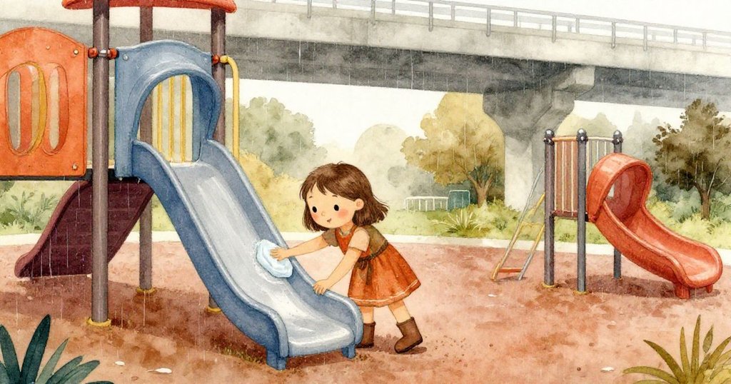 小女孩Cora走進被雨水洗禮的遊樂場,輕拭藍灰色滑梯,背景有混凝土天橋和晨霧,表情溫柔專注。