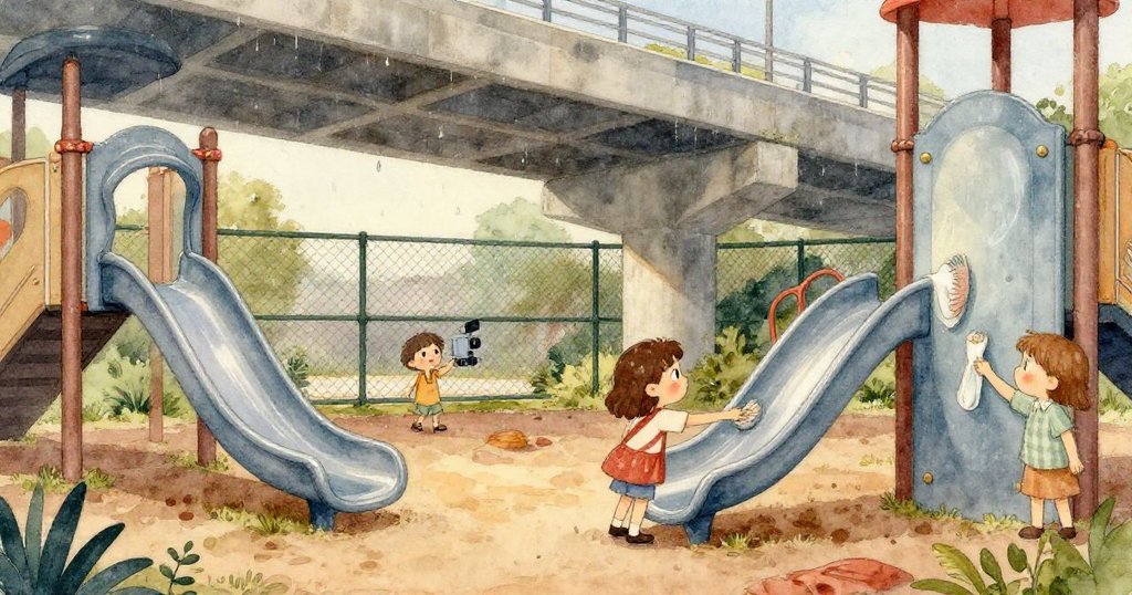 Cora的靴子踩在閃亮潮濕的橡膠地面上,特寫展現扭曲的鞦韆鏈條與水滴,傳遞努力突破困境的情緒。