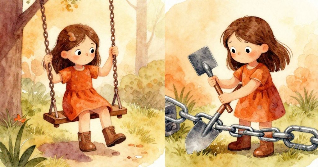 Cora左側露出堅毅與困惑的表情旋轉鞦韆鏈條,右側巧用塑膠鏟子撬鏈,分割畫面展現解決問題的瞬間。