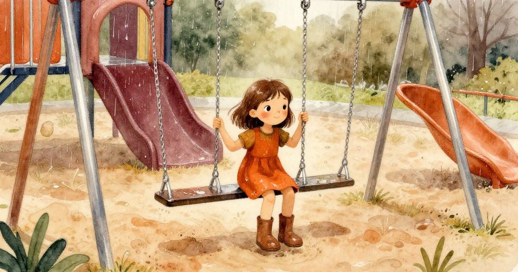 Cora注視著雨滴灑落在鏡面般的鞦韆上,水流捲起沙粒環繞腳下,呈現雨天獨有的活力與氛圍。