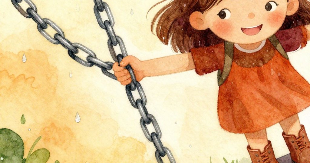 Cora臉上流露出欣慰笑容,近拍展現一個解開的鏈節與閃爍水珠,鞦韆在雨中微輕擺動,象徵成功。