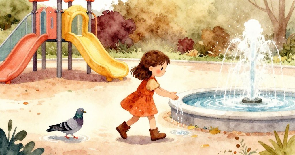 Cora走向噴水池沖洗手上沙粒,一隻斑駁鴿子踏入水坑激起層層漣漪,寓意新的開始與希望。