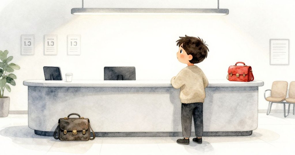 Atlas站在明亮的候診室中，輪廓清晰，數字牌閃爍映襯著神秘的包包，他神情期待且充滿疑惑。