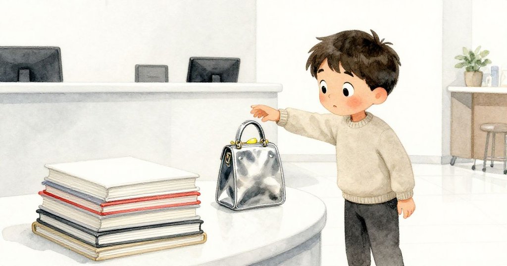 Atlas伸手觸碰候診台上不尋常的包包，背景中雜誌與數字牌形成鮮明對比，他流露出好奇且驚異的表情。