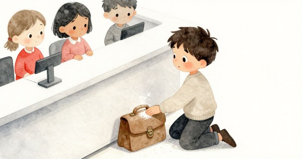 從上方俯瞰，Atlas跪在候診台旁，輕觸包包上微塵帶來細膩觸感，神情專注中透著些許疑惑。