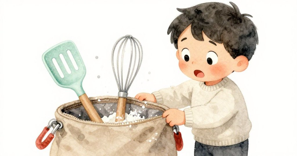 Atlas俯身細看打開的包內廚具，臉上展露驚喜與好奇，粉塵與器具細節豐富呈現神秘溫暖。