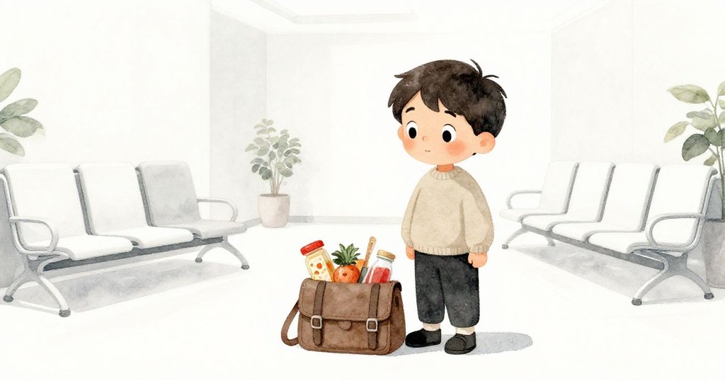 在平靜的候診室中，Atlas將神秘包裝妥置一旁，環境恢復秩序，他帶著淡淡的驚奇與滿意，氛圍溫馨。