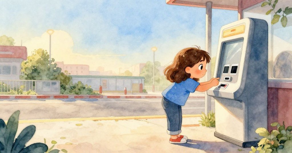 Pia在清晨的城市櫃檯前彎身仔細檢查金屬票口，臉上流露出期待與好奇，背景有現代建築細節。