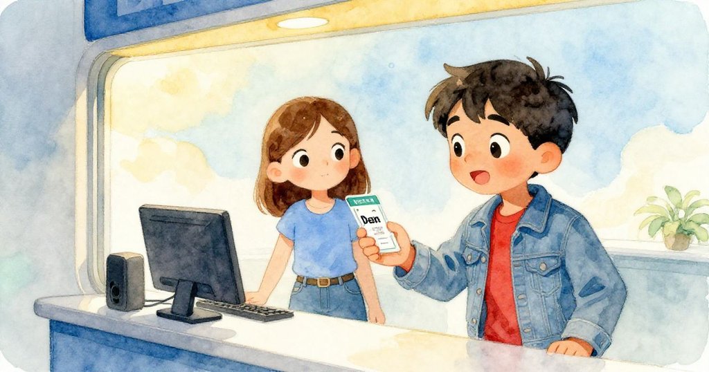 在現代櫃檯內，Dean舉手展示票號，Pia注視著牆上閃爍數字，室內燈光柔和，氣氛既緊張又趣味。