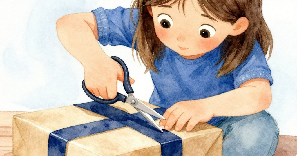 Pia專注地用剪刀剪裁午夜藍色膠帶，特寫展現她用力且堅定的動作，背景隱約可見現代櫃檯。