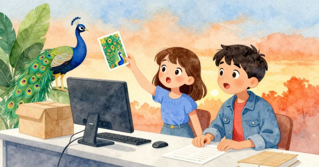 在包裝桌旁，Pia與Dean驚喜地注視著從包裝中滑出的彩色孔雀明信片與閃亮金屬鎮紙，場景充滿溫暖午後光線。