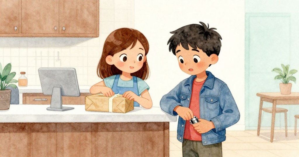 在現代櫃檯旁，Dean悄悄將金屬鎮紙放入外套口袋，Pia細緻地用膠帶修補包裝，兩人配合默契，神情專注。