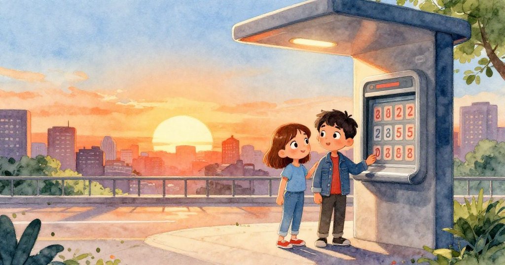 在夕陽餘暉中，Pia與Dean滿意地望向現已更新數字的票口，城市背景映襯著溫暖光線，場景充滿希望與和悅。