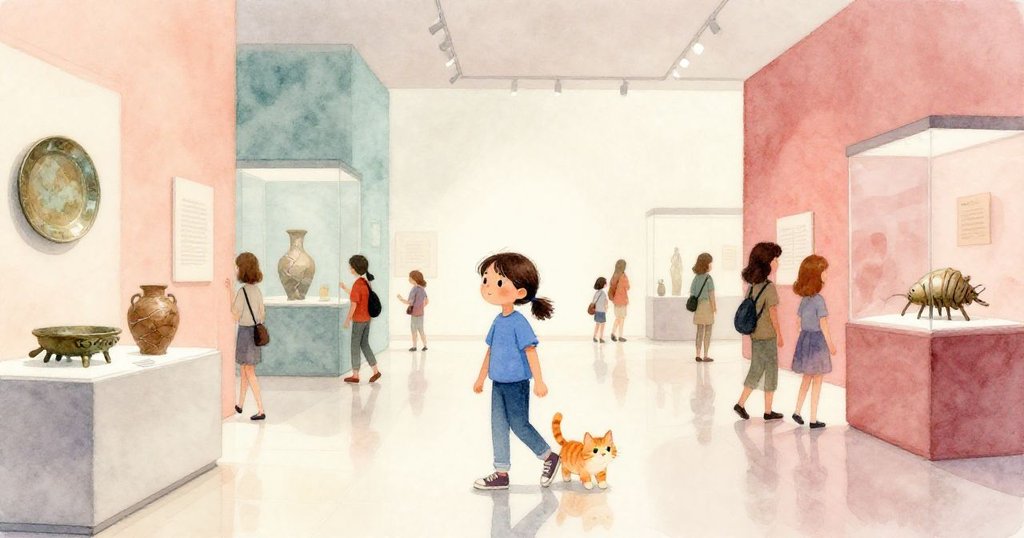 諾拉在展示廳中穿梭，與人群交織同時注視各種展品，條紋貓在旁嬉戲，現場氛圍活潑且充滿期待。