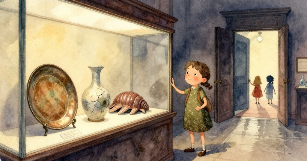 諾拉近距離凝視展品，眼神中流露好奇與堅定，背景中的資訊台與柔和燈光營造現代展館氛圍。