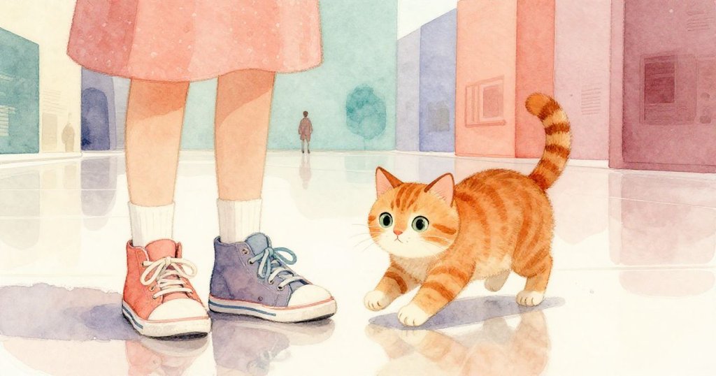 以貓咪視角觀察，條紋貓靈活穿梭於諾拉的腳邊，展廳地面映出柔和燈光，充滿玩味。