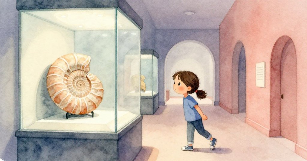 諾拉走入昏暗走廊，透過玻璃欣賞螺旋化石，燈光與藍灰陰影交錯，展現探索神秘情懷。