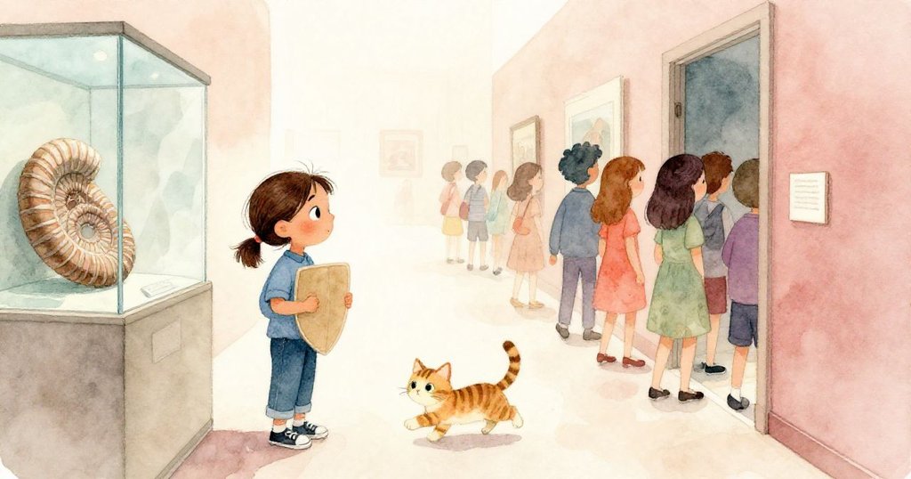 走廊中人潮湧動，諾拉舉稿本遮擋光線凝視化石，條紋貓快速穿越小門，動感瞬間展現。