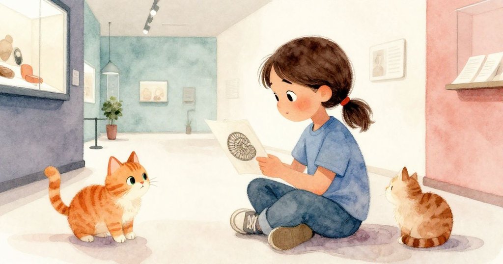 諾拉靜坐欣賞化石稿，臉上流露滿足溫柔笑容，條紋貓安靜相伴，燈光回暖步聲漸遠。