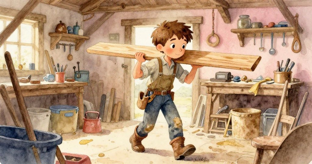 奎因在老舊木工房內，肩挑雪松木板穿行於工具旁，溫暖金黃光線中展現專注與期待的開始