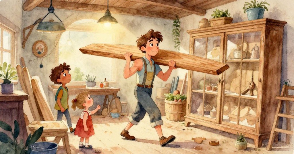 奎因近距離凝視木板紋理，眼中流露出堅毅與專注，背景呈現溫暖古銅與淡藍木工細節