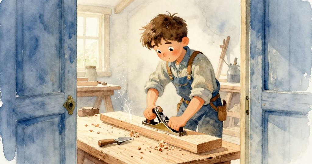 透過微啟的門縫，奎因運用手工平刀修整雪松木板，飛舞的木屑與隱藏的水管聲音營造出專注的工作氛圍