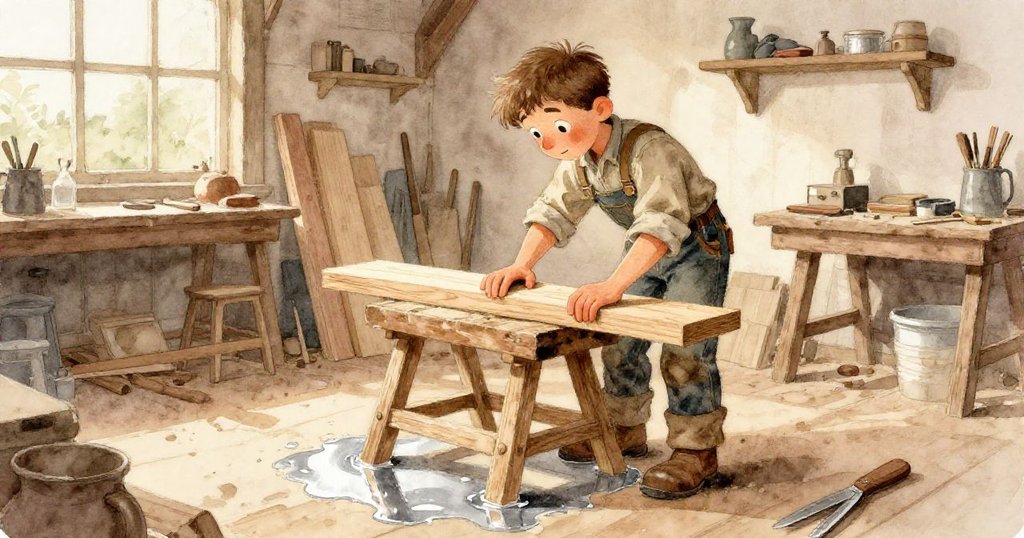 奎因在木工房中調整雪松木板置於高架上，黃昏柔光中銀色水漬悄然擴散，呈現時光流轉與細膩情感