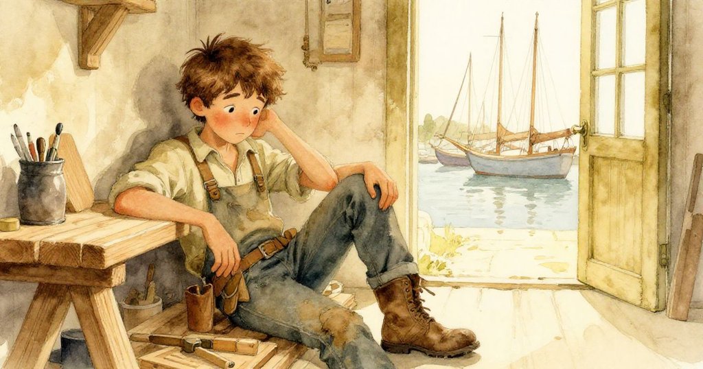 奎因在木工房中放下工件靜坐休憩，透過開門望向搖曳的船桅與寧靜碼頭，情緒由勞累轉為安然滿足