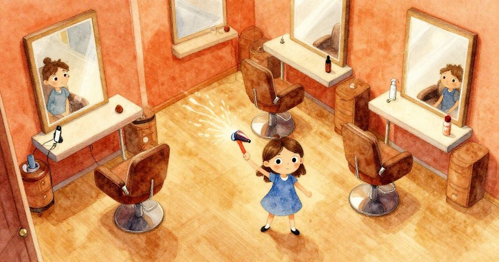 莉莉在忙碌沙龍中，從鳥瞰角度看到溫暖空氣、座位與設備，充滿活力和期待情緒。