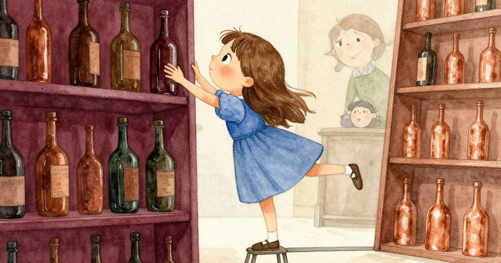 莉莉在沙龍中單腳站在舊雜誌架上，努力伸手拿高架上沉重的護髮素，展現決心與期待。