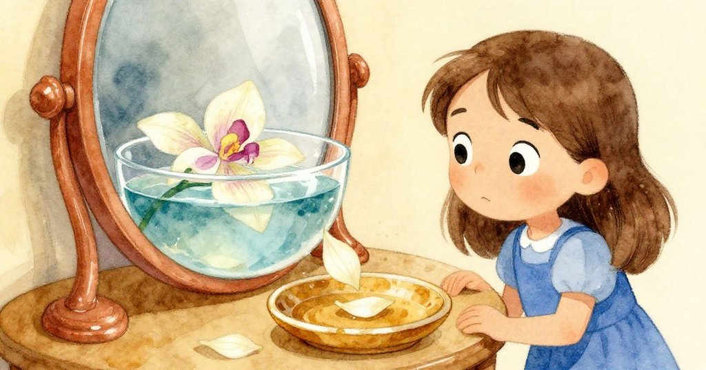 莉莉身旁鏡前台上，玻璃碗中淺藍水波微動，蘭花輕碰彈落花瓣至瓷盤，溫馨且靜謐。