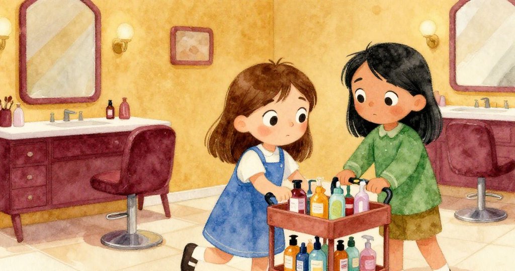 娜迪婭在鄰近工作台修剪劉海時，堅定攔住滾動運輸車，阻止玻璃碰撞，呈現合作與果斷。