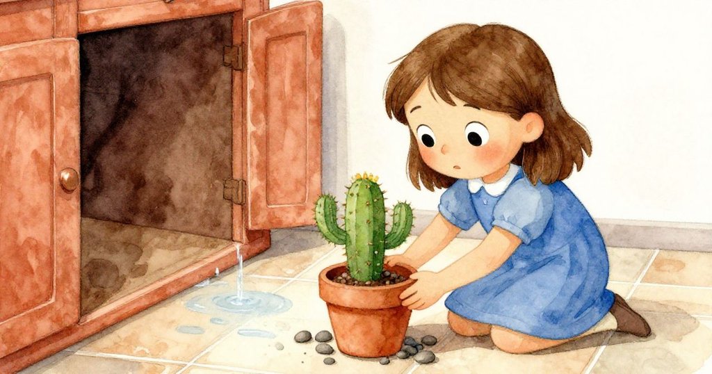 莉莉細心整理歪倒的仙人掌花盆及瓷盤內鵝卵石，水沿舊地磚緩緩流向儲物櫃後隱蔽處，結局平靜。