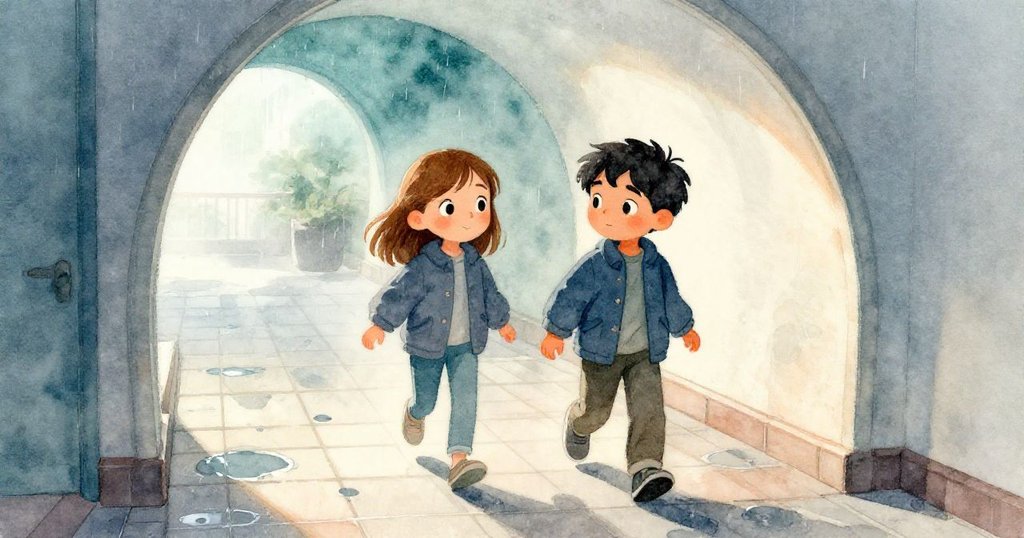 費恩和科爾在水珠點綴的大廳內輕步前進，臉上洋溢著期待與驚喜，背景呈現柔和晨霧。