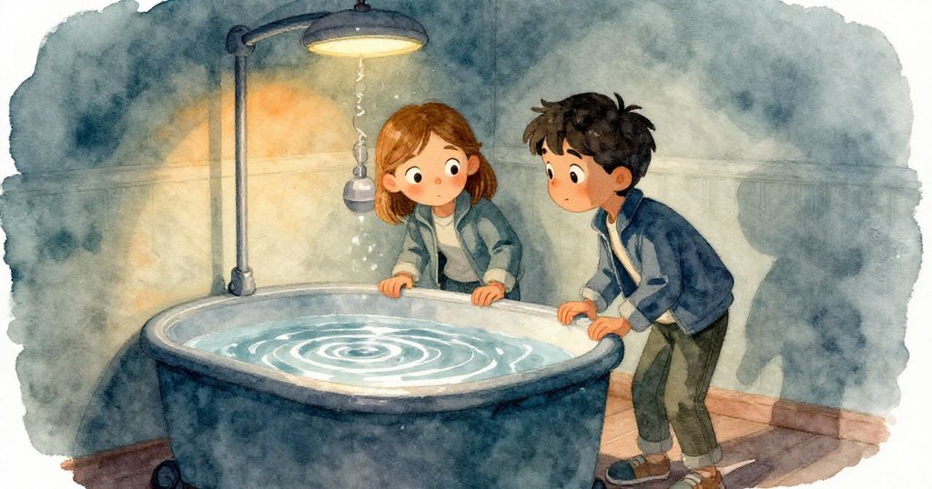 費恩和科爾好奇地俯身觀察移動觸摸池的淺盤，水中銀色波紋反射著神秘光芒。