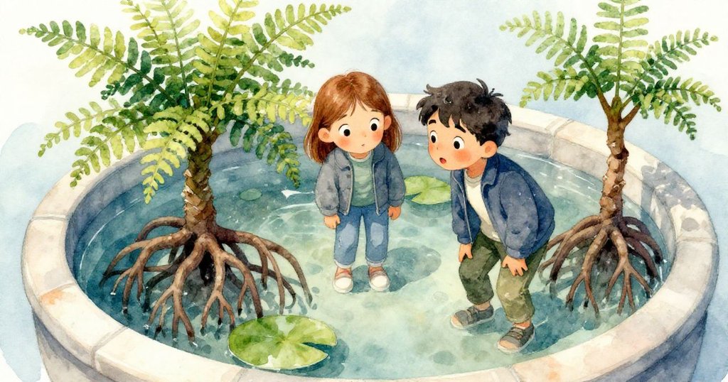 從高處俯視，費恩和科爾專注地觀察微型紅樹林，尋找藏匿在搖晃睡蓮下的玻璃蝦。