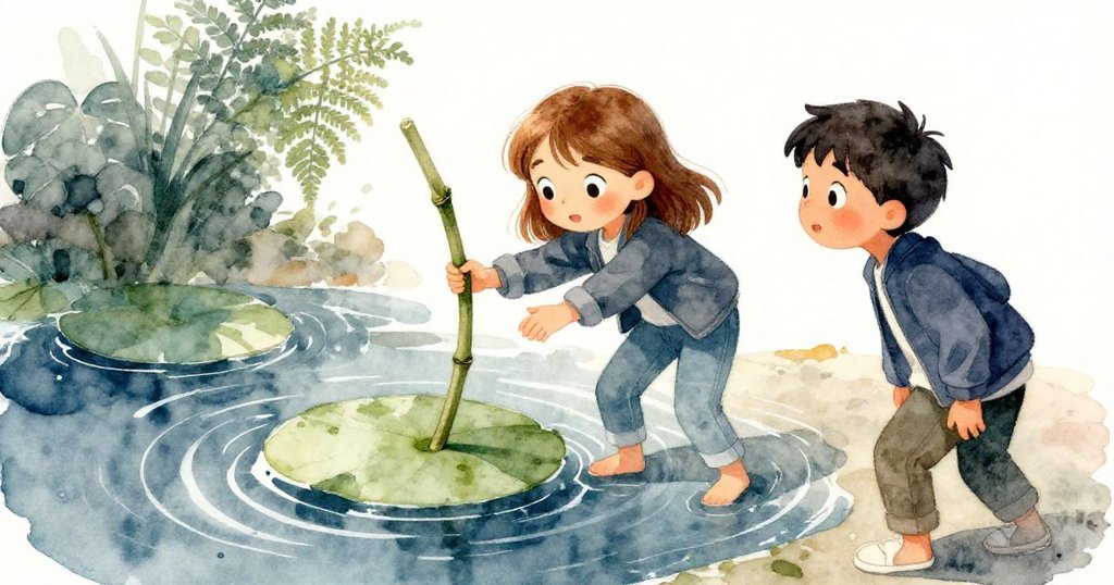 費恩小心翼翼地用竹棒試圖引導漂浮睡蓮，科爾在旁目不轉睛，流動的水面呈現柔和光影。