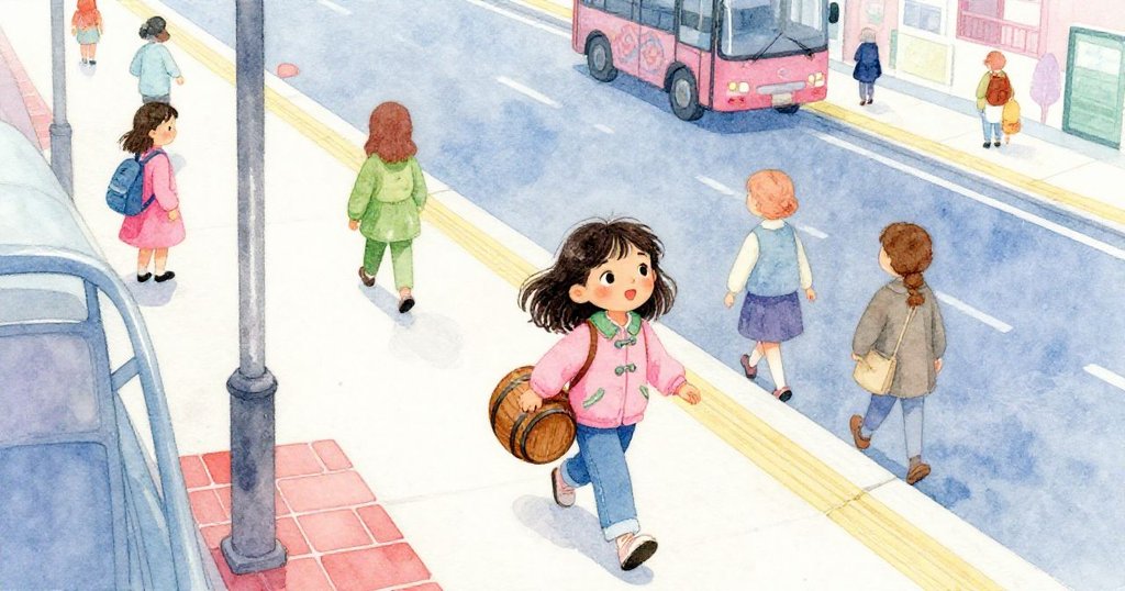 Joy帶著木桶在繁忙的巴士站登場，從上方角度看見站台、紅磚瓦和等待的乘客，充滿期待與活力。