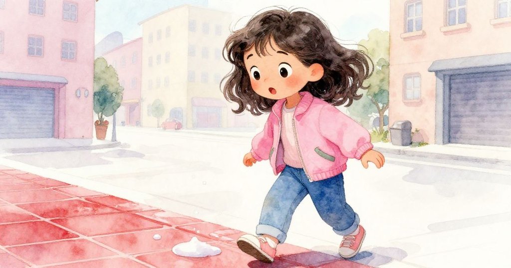 Joy面對滑亮的紅色瓷磚，神情驚訝而謹慎，特寫捕捉城市站台細節與表情變化。