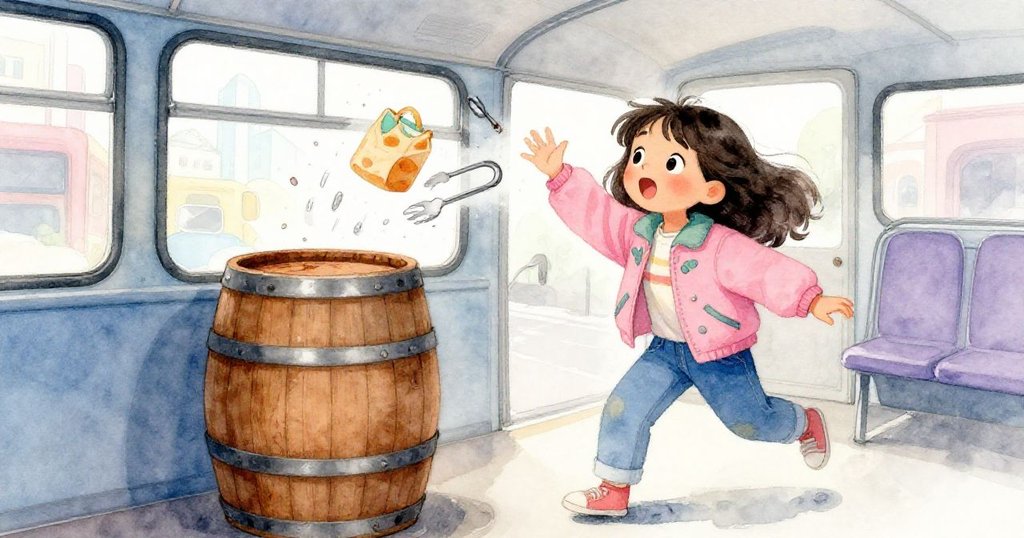 車廂內，Joy的木桶搖晃引起金屬鉗子與午餐包亂飛，動態場景中展現隨車顫動的張力與忙碌感。