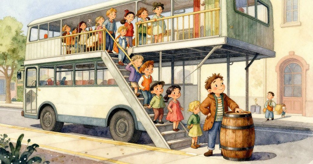 巴士門口木桶與小鴿跌落，楓糖果四散，羽毛飛揚，現場充滿突然發生的活力與混亂。