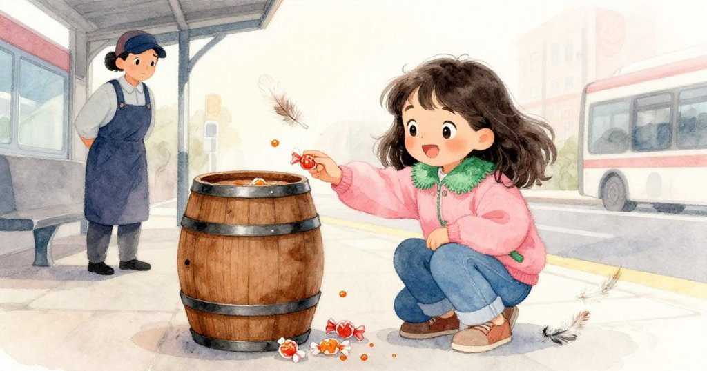 Joy蹲在巴士站台上收拾散落的楓糖果與木桶，身旁清潔工移動沙桶，羽毛悠然飄落，展現穩定後的平靜。